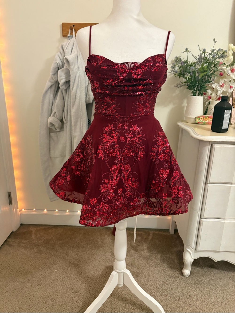 Windsor Burgundy Red Sequin Fit-and-Flare Mini Dress